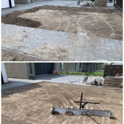 Gardenkeepers - Dwa ujęcia terenu przygotowywanego pod ogród: wyrównana ziemia z widocznymi śladami narzędzi, w tle domy i ogrodzenie.