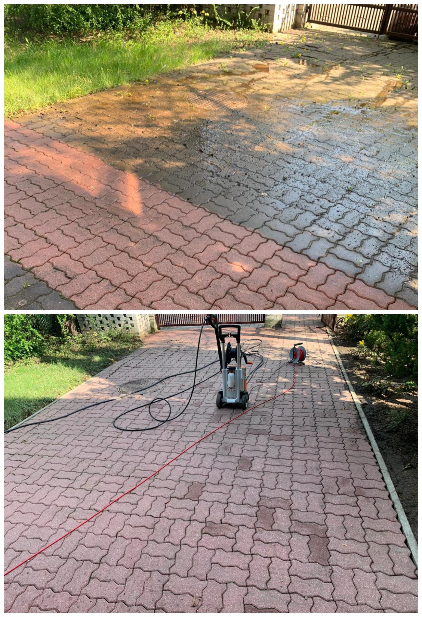Czyszczenie kostki brukowej myjką ciśnieniową, widoczna różnica między umytą a zabrudzoną powierzchnią, szara myjka ciśnieniowa i zwinięty czerwony przedłużacz na kostce.