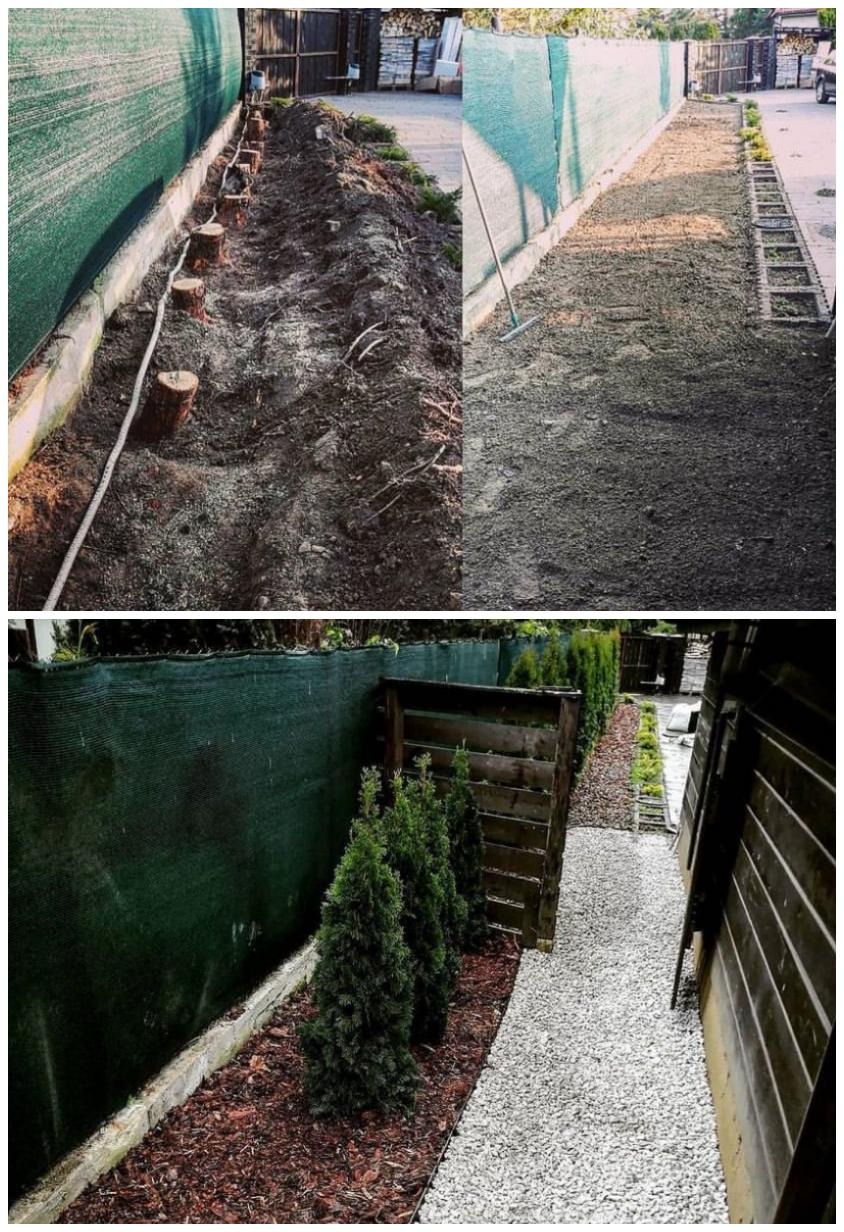 Porównanie stanu przed i po założeniu ogrodu: wyrównana ziemia z pniakami kontra ścieżka z białego żwiru, kora, tuje i drewniany płot wzdłuż zielonej siatki.