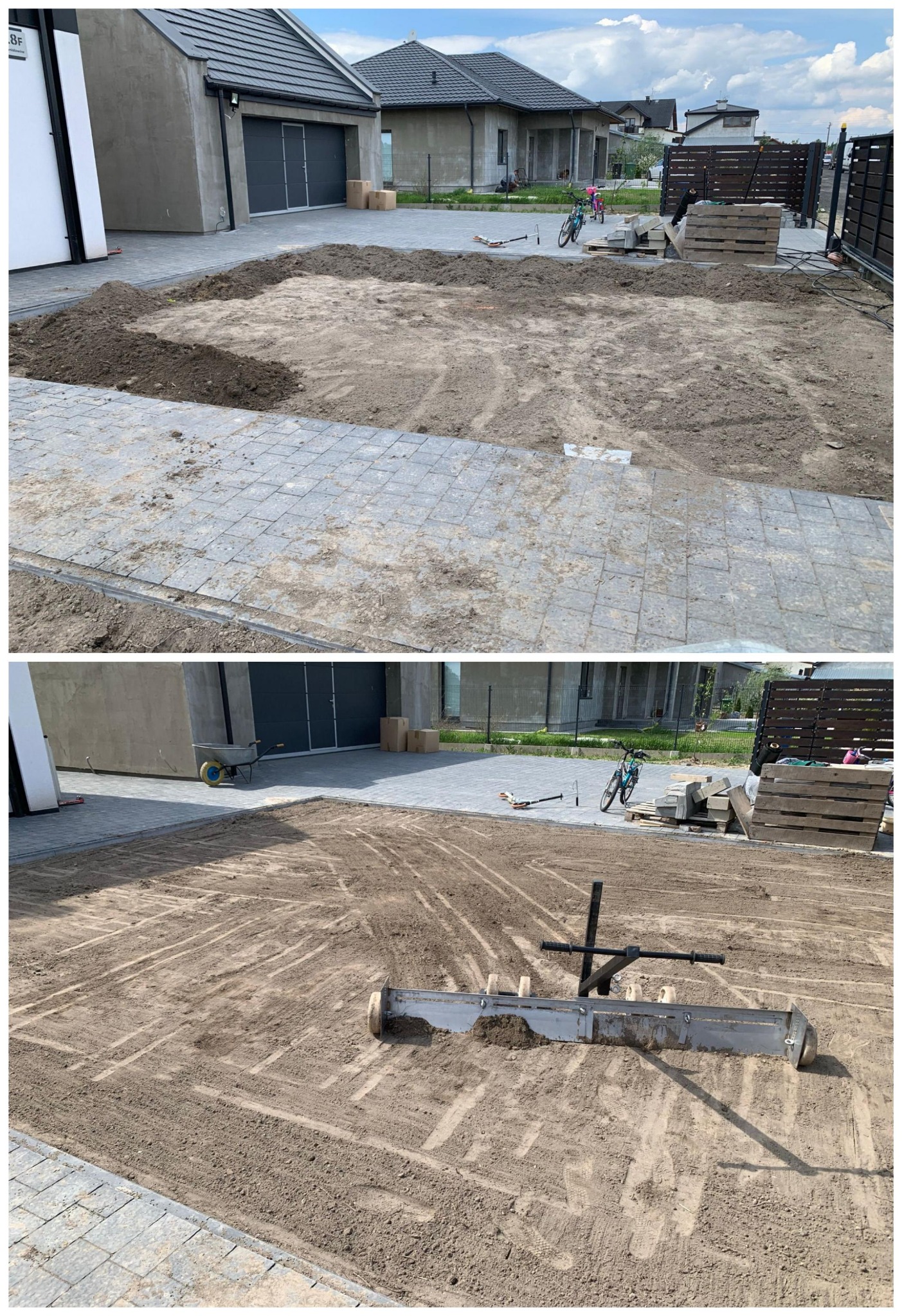 Dwa ujęcia terenu przygotowywanego pod ogród: wyrównana ziemia z widocznymi śladami narzędzi, w tle domy i ogrodzenie.