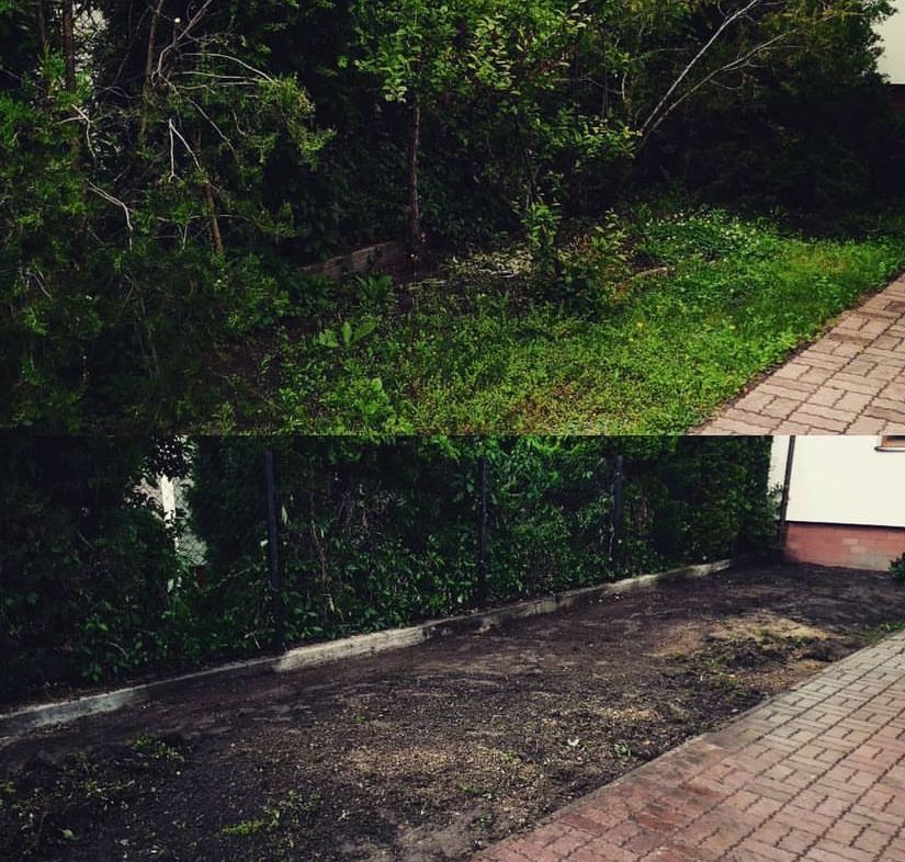 Porównanie stanu ogrodu przed i po: zaniedbana zieleń kontra przygotowany teren pod nasadzenia, widoczna kostka brukowa i fragment ogrodzenia.