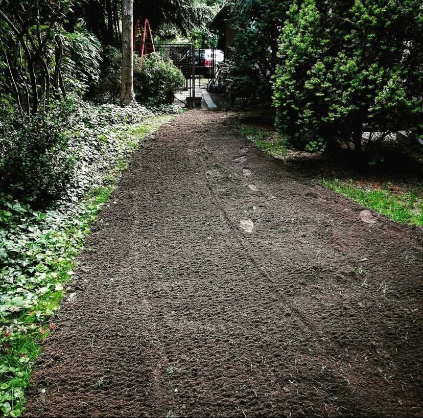 Przygotowana gleba pod trawnik z widocznymi śladami po maszynie, otoczona zielenią i drzewami, z domem w tle.