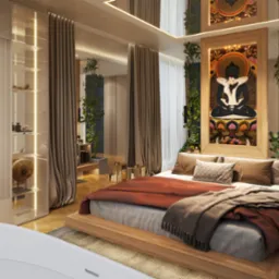 Sypialnia w stylu zen z łóżkiem na drewnianej platformie, obrazem Buddy w ramie otoczonej zielenią, garderobą z podświetlanymi półkami i wolnostojącą wanną.