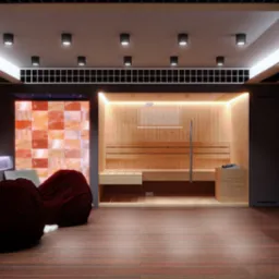 Nowoczesna strefa relaksu z sauną, ścianą z bloków solnych, wiszącym fotelem i pufami w kolorze burgundu, oświetlona punktowymi lampami sufitowymi.