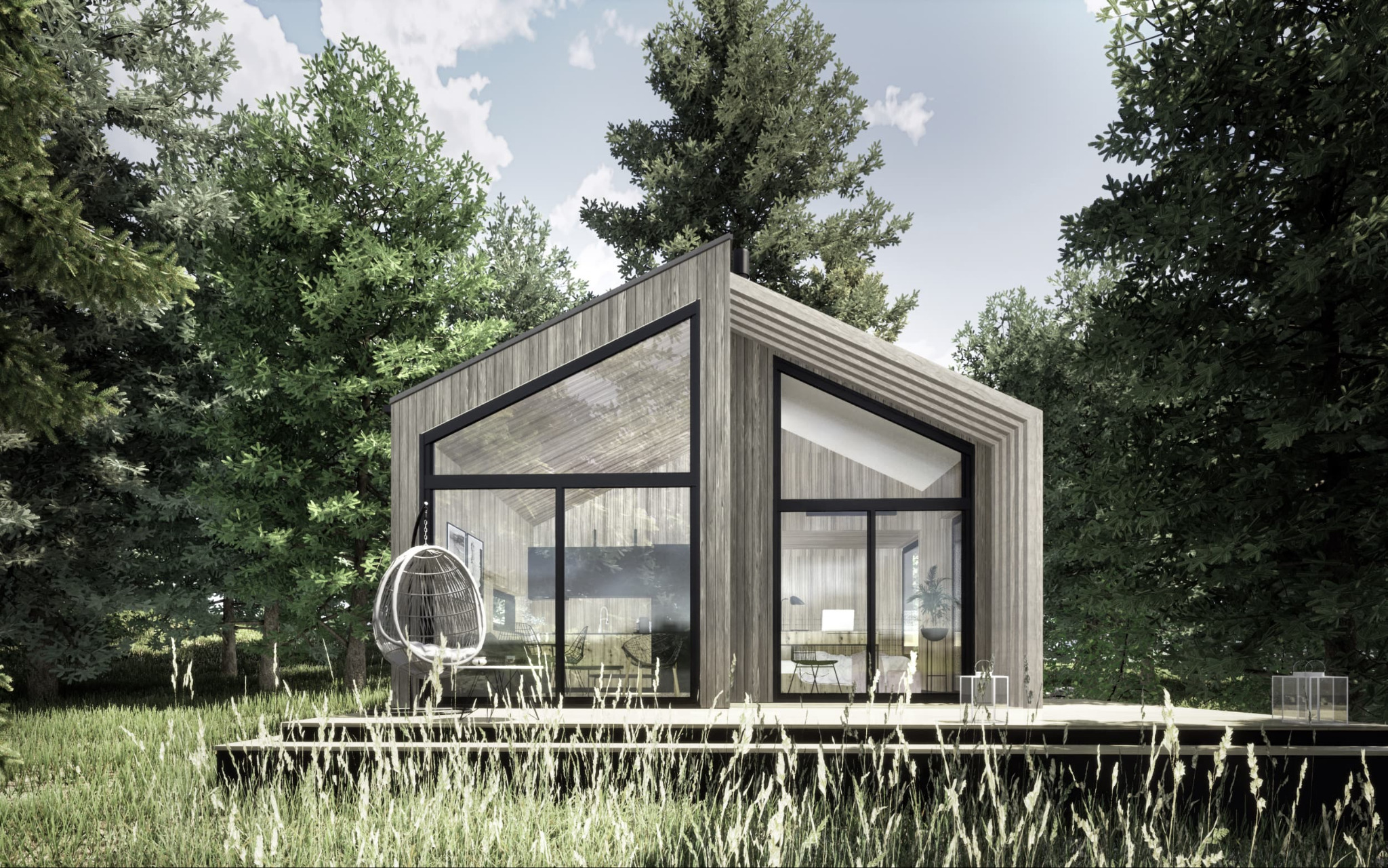 Wizualizacja nowoczesnego domu z drewnianą elewacją i dużymi przeszkleniami, otoczonego lasem, z wiszącym fotelem na tarasie.