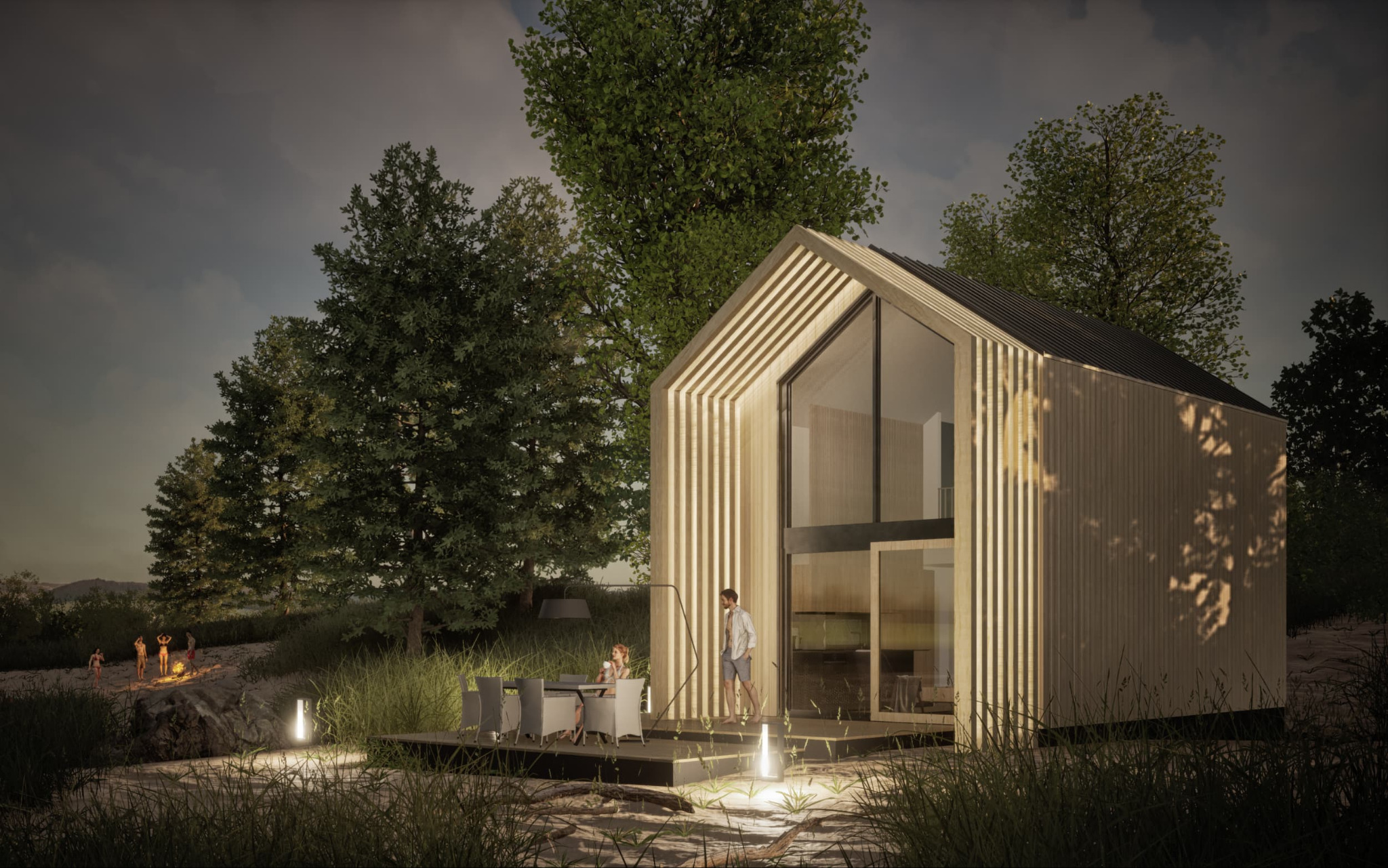 Wizualizacja nowoczesnego domu z drewnianą elewacją i dużymi przeszkleniami, usytuowanego w otoczeniu natury z widocznym miejscem do wypoczynku na zewnątrz i ogniskiem w oddali.