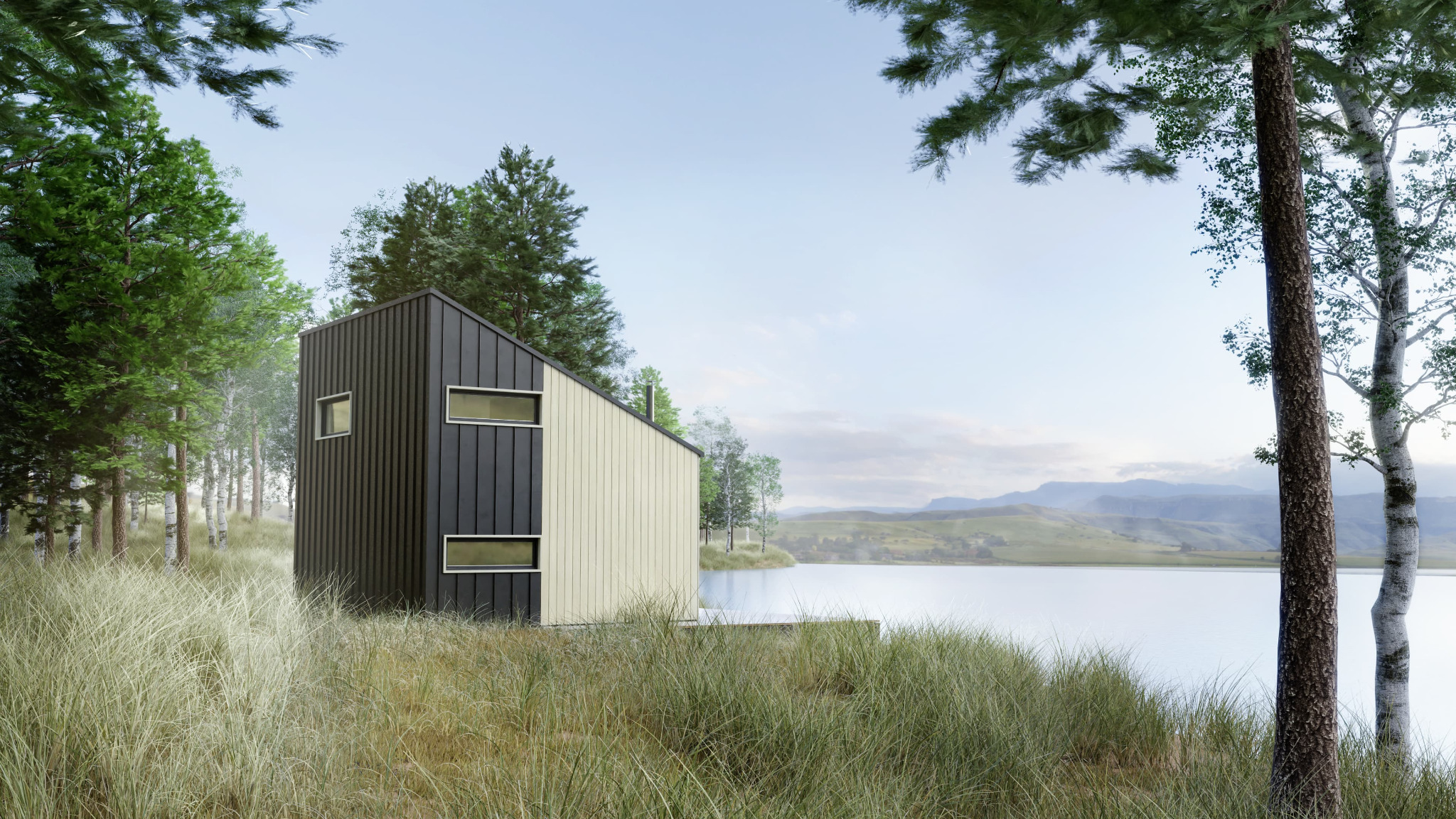 Nowoczesny, dwukolorowy dom z pionowymi panelami, usytuowany nad jeziorem otoczonym zielenią, z widokiem na wzgórza w tle.