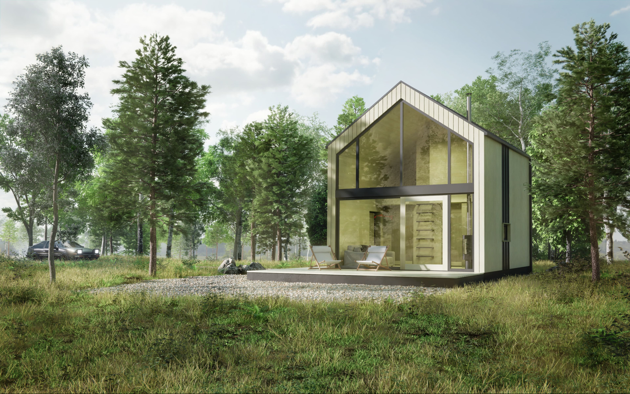 Nowoczesny dom z przeszkleniami, otoczony lasem i łąką, z dwoma białymi krzesłami na tarasie i ciemnym samochodem w tle.