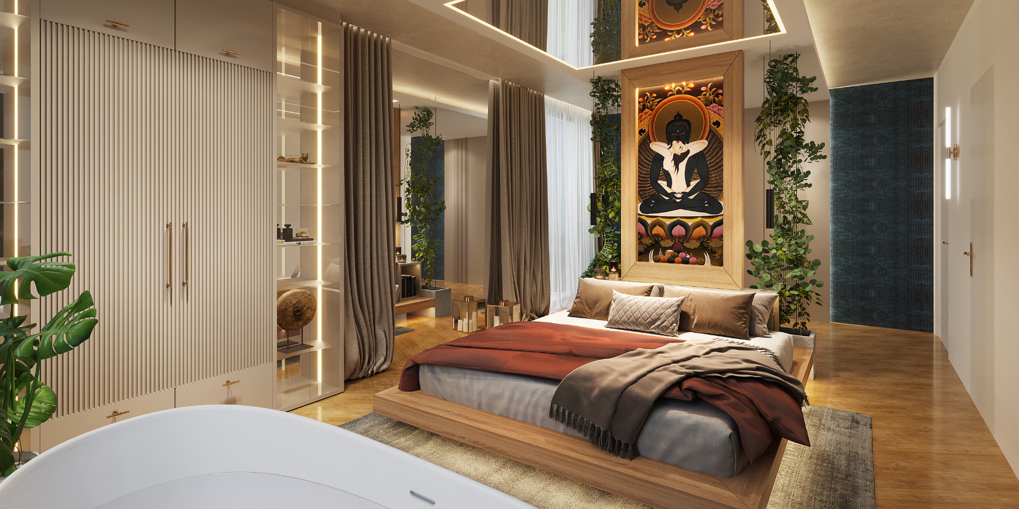 Sypialnia w stylu zen z łóżkiem na drewnianej platformie, obrazem Buddy w ramie otoczonej zielenią, garderobą z podświetlanymi półkami i wolnostojącą wanną.