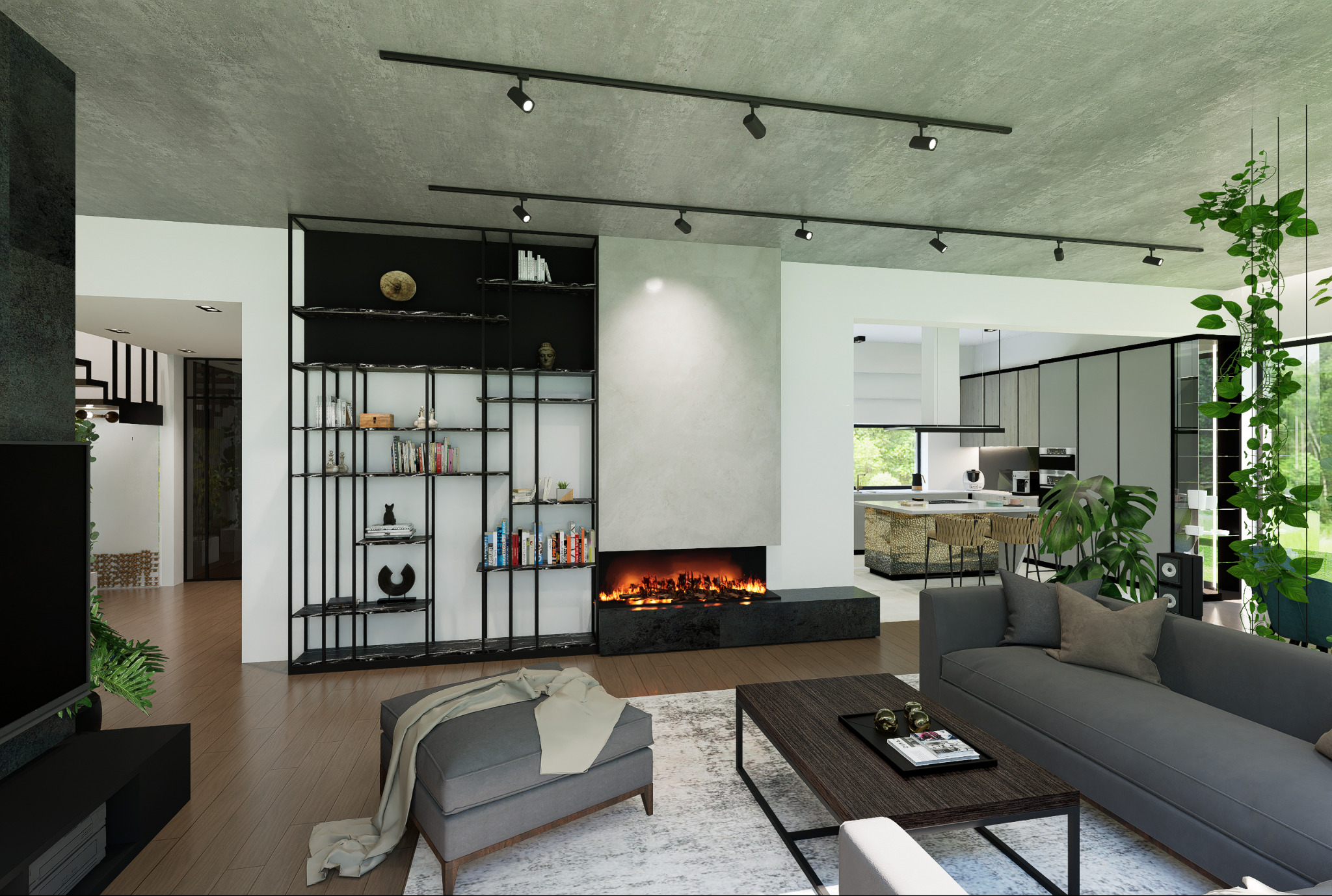 Wizualizacja przestronnego salonu z szarą sofą, kominkiem i regałem z książkami, w tle widoczna kuchnia z wyspą i roślinność za oknem.