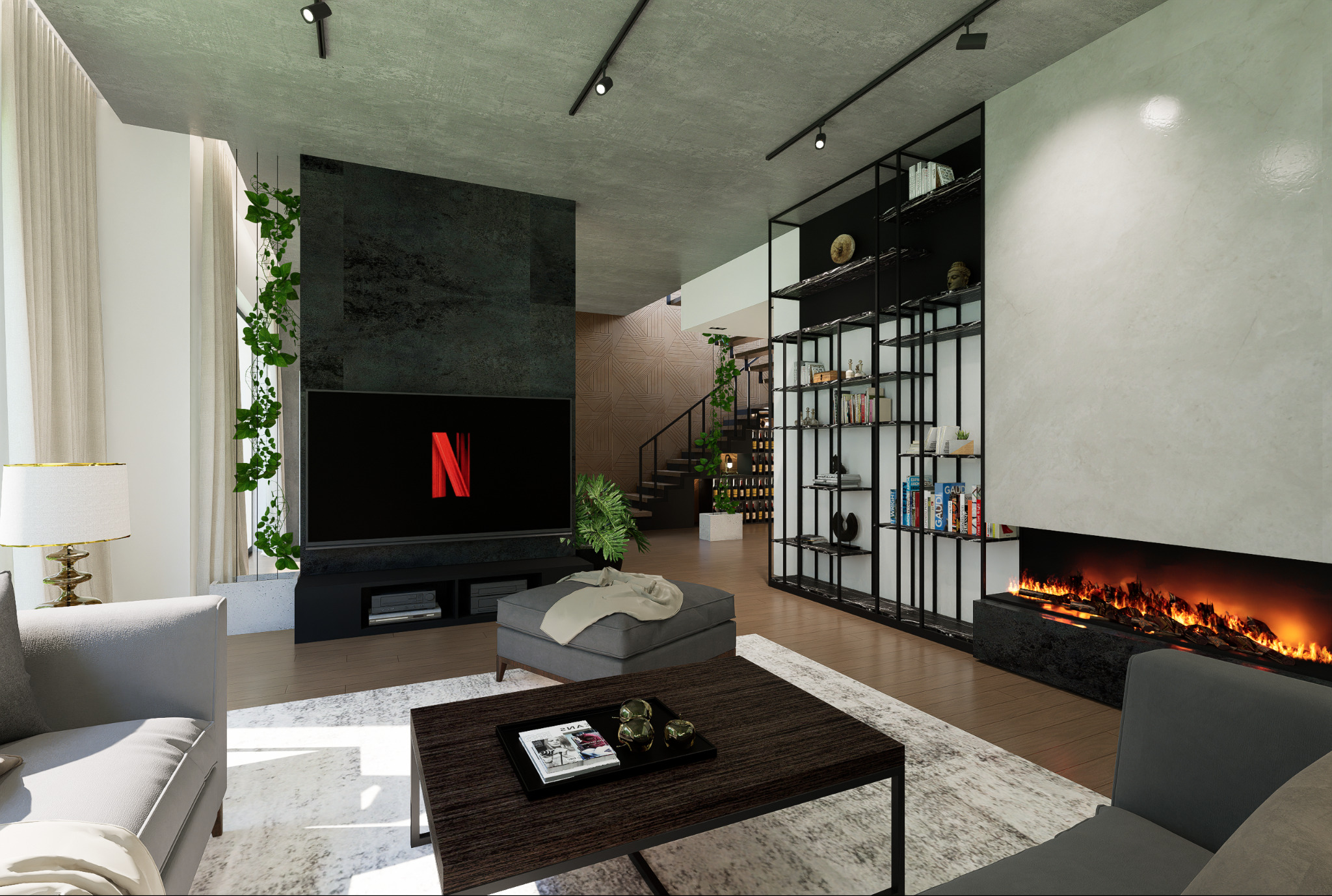 Nowoczesny salon z kominkiem elektrycznym, regałem na książki, telewizorem z aplikacją Netflix, szarą sofą i stolikiem kawowym z dekoracjami, oświetlony punktowymi lampami sufitowymi.
