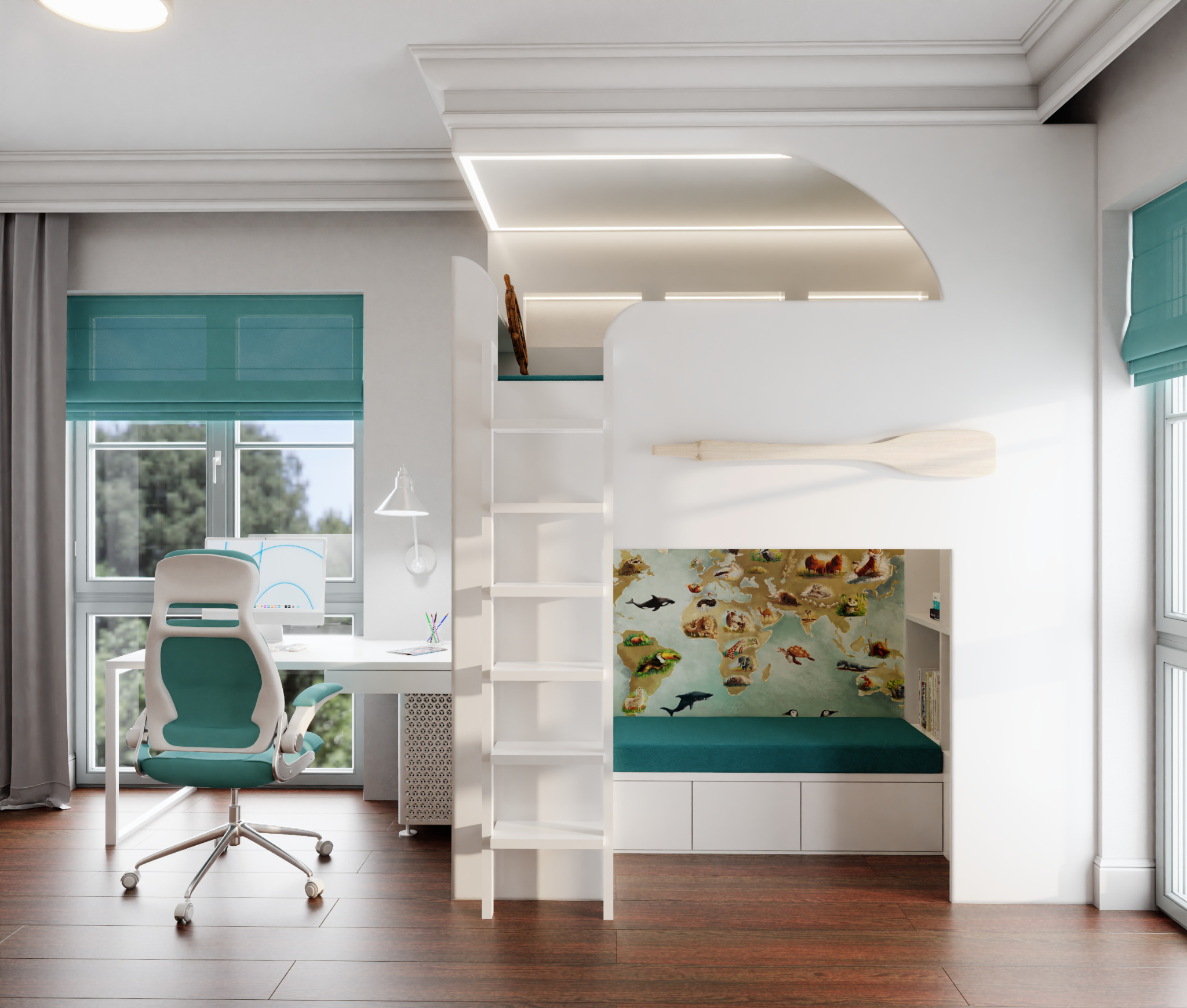 Pokój dziecięcy z łóżkiem na antresoli, drabinką, biurkiem z komputerem i krzesłem, ozdobiony mapą świata ze zwierzętami i drewnianym wiosłem.