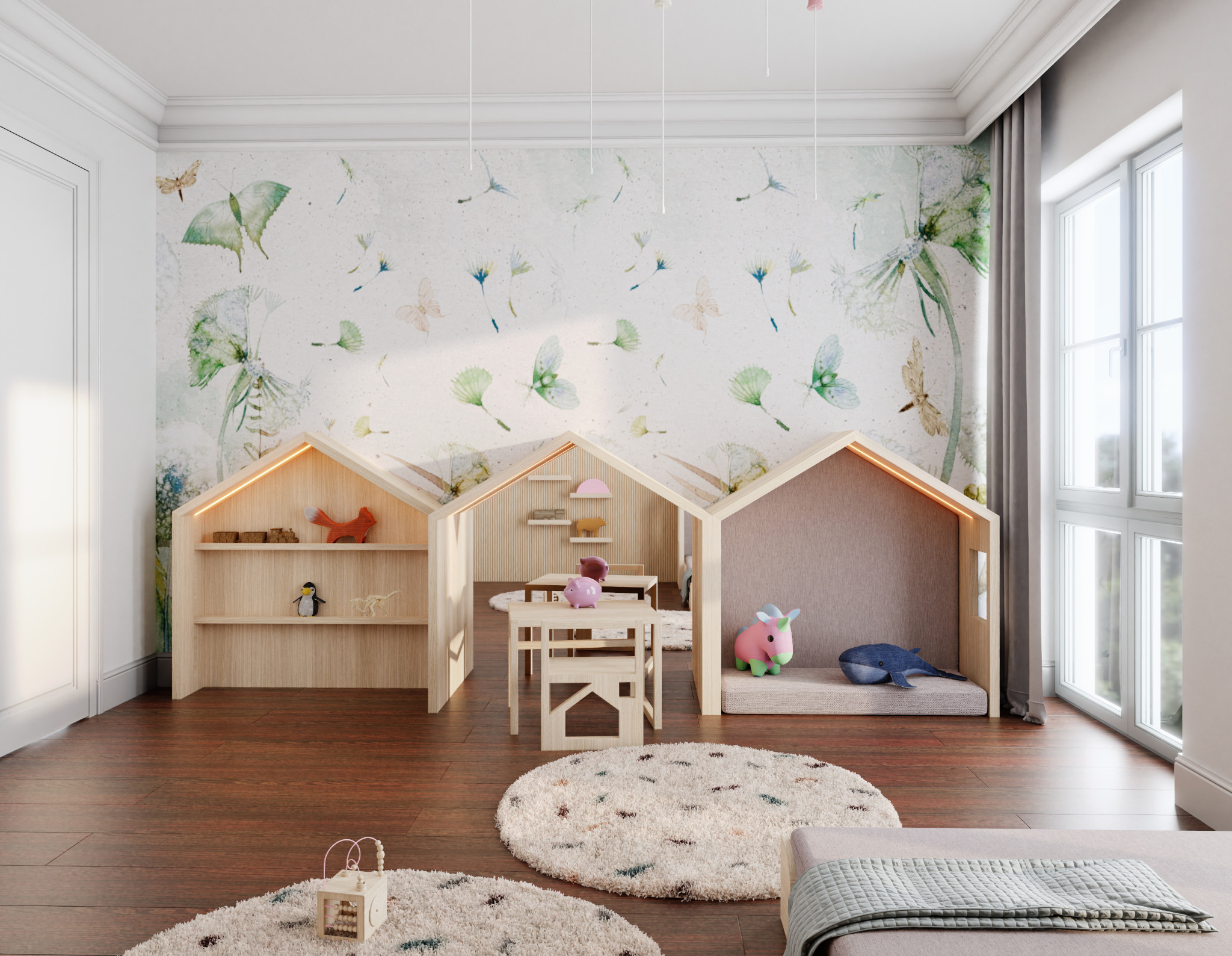 Pokój dziecięcy z trzema drewnianymi konstrukcjami w kształcie domków, służącymi jako regały i miejsca do zabawy, stolik z krzesełkami, dywany z długim włosiem i tapeta w motywy roślinne i motyle.