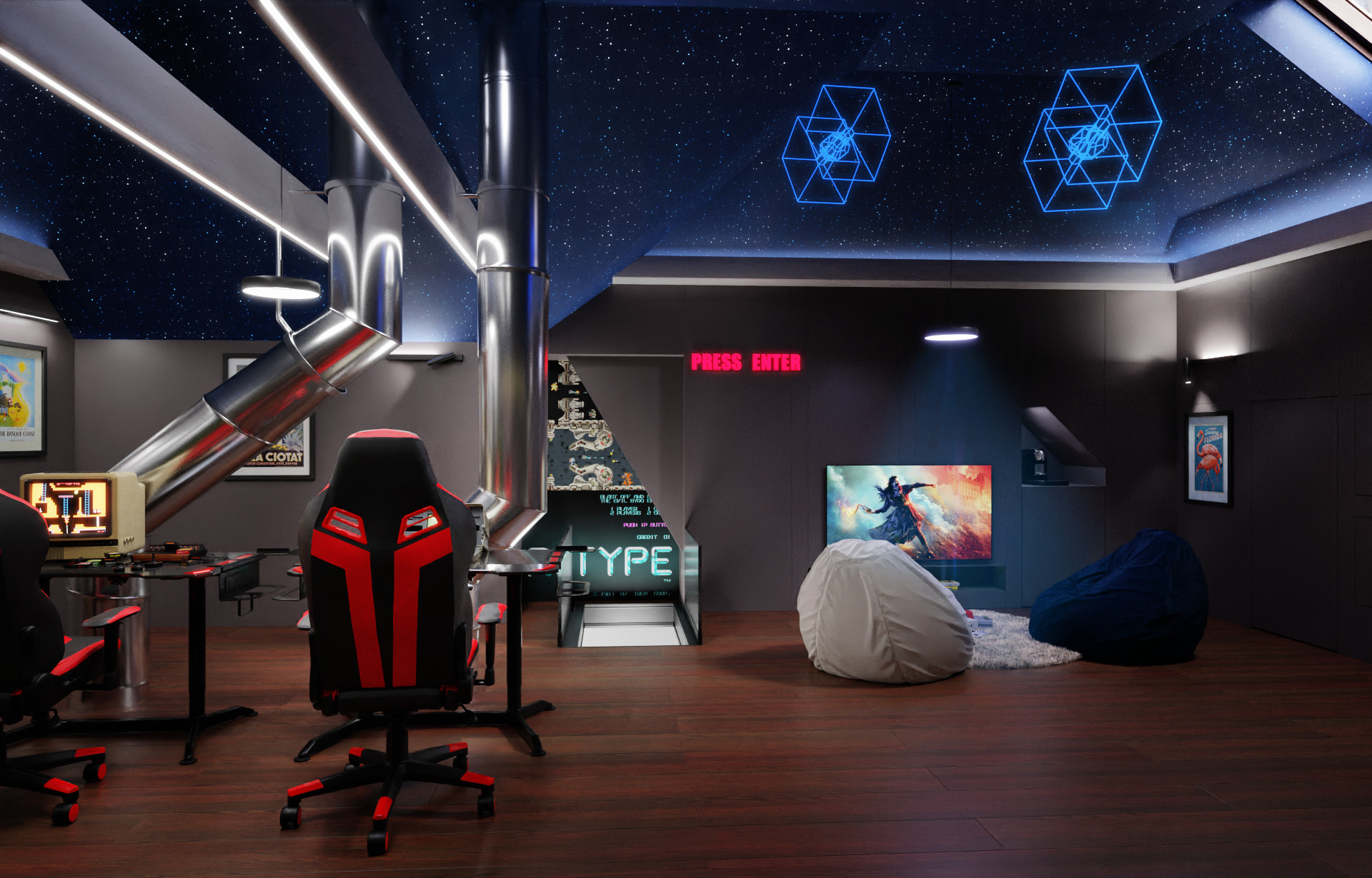 Pokój gracza z futurystycznym wystrojem: metalowe rury, neonowy napis 'PRESS ENTER', ekran z grafiką fantasy, fotele gamingowe, podwieszany sufit z motywem kosmosu i neonowymi figurami geometrycznymi.