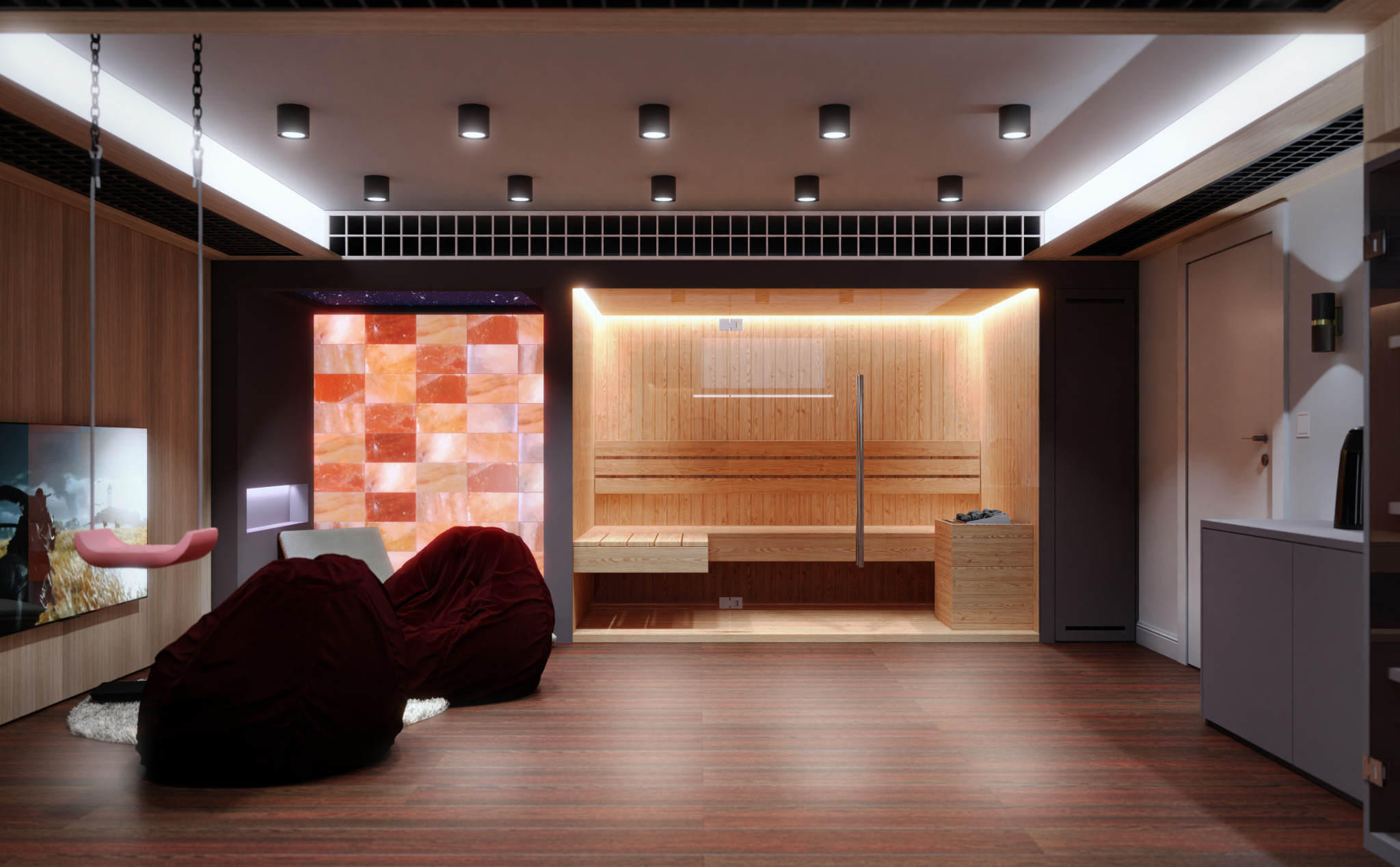 Nowoczesna strefa relaksu z sauną, ścianą z bloków solnych, wiszącym fotelem i pufami w kolorze burgundu, oświetlona punktowymi lampami sufitowymi.