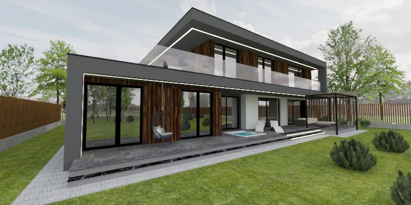 Wizualizacja nowoczesnego dwupiętrowego domu z płaskim dachem, drewnianą elewacją i dużymi oknami, z basenem, leżakami i pergolą na tarasie.