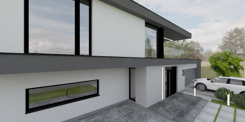 Wizualizacja nowoczesnego, dwukondygnacyjnego domu z płaskim dachem, dużymi oknami i szarą elewacją, z białym samochodem zaparkowanym na podjeździe.