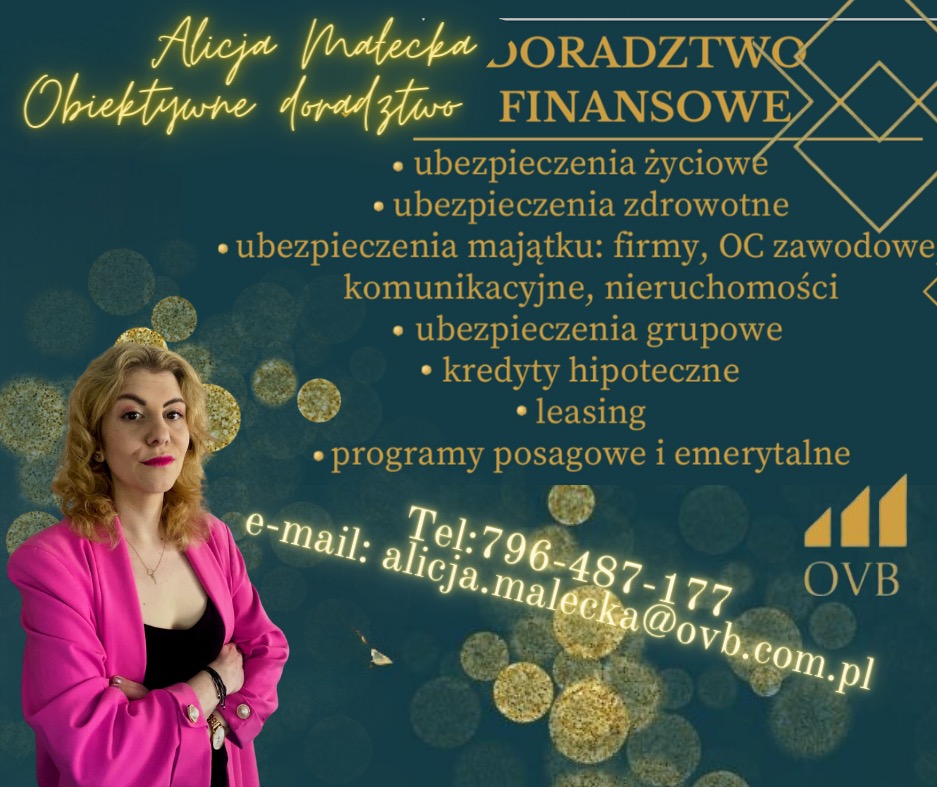 Kobieta w różowej marynarce na tle grafiki z ofertą doradztwa finansowego, ubezpieczeń i kredytów z danymi kontaktowymi.