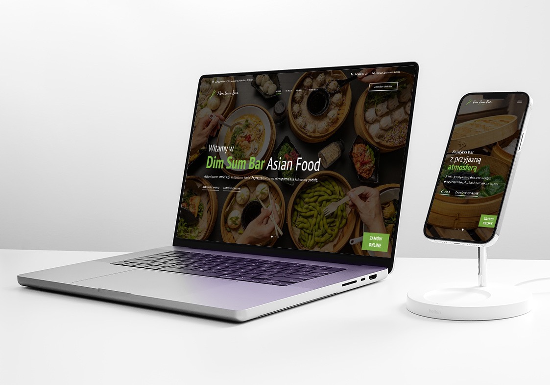 Laptop i smartfon prezentujące responsywną stronę internetową restauracji Dim Sum Bar Asian Food, z widocznym menu i opcją zamówienia online.