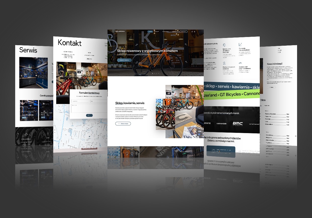 Kolaż stron internetowych prezentujący różne aspekty sklepu rowerowego, w tym serwis, kontakt, ofertę rowerów, kawiarnię i menu.