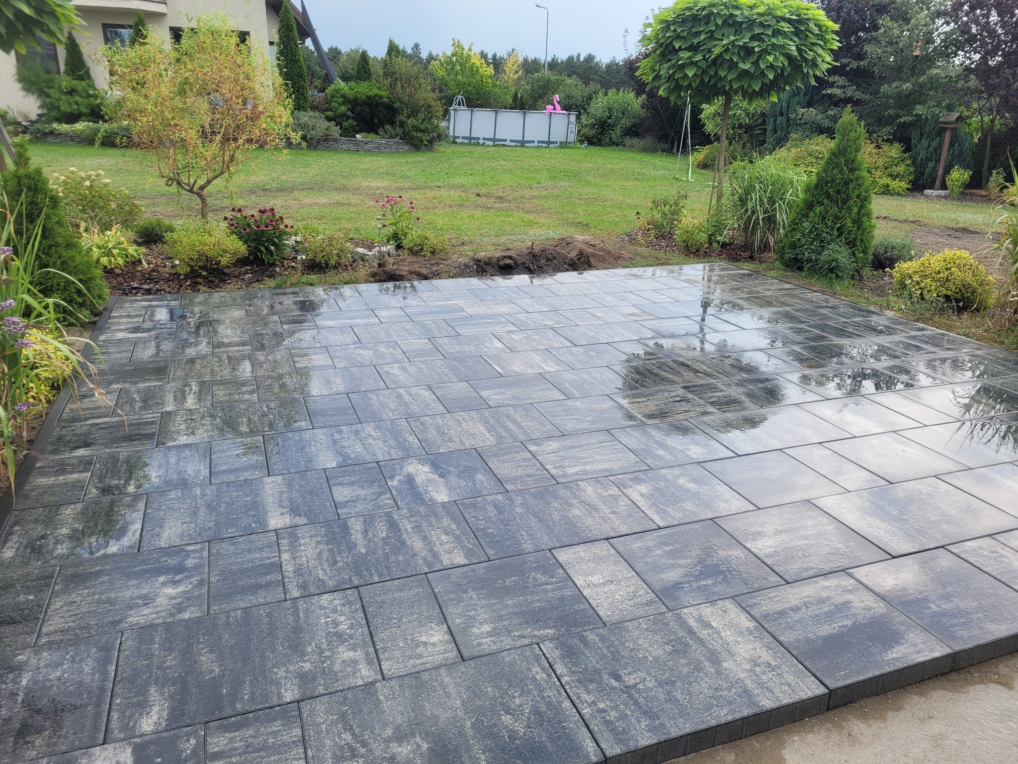 Świeżo ułożona, mokra nawierzchnia z szarych, prostokątnych płyt betonowych na posesji z trawnikiem, drzewami i basenem w tle.