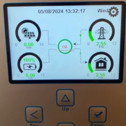 Ekran falownika Deye z aktualnymi odczytami produkcji energii słonecznej (0.00 kW), stanu naładowania baterii (100%), zużycia z sieci (2.55 kW) i zużycia w domu (2.55 kW), wyświetlający datę...