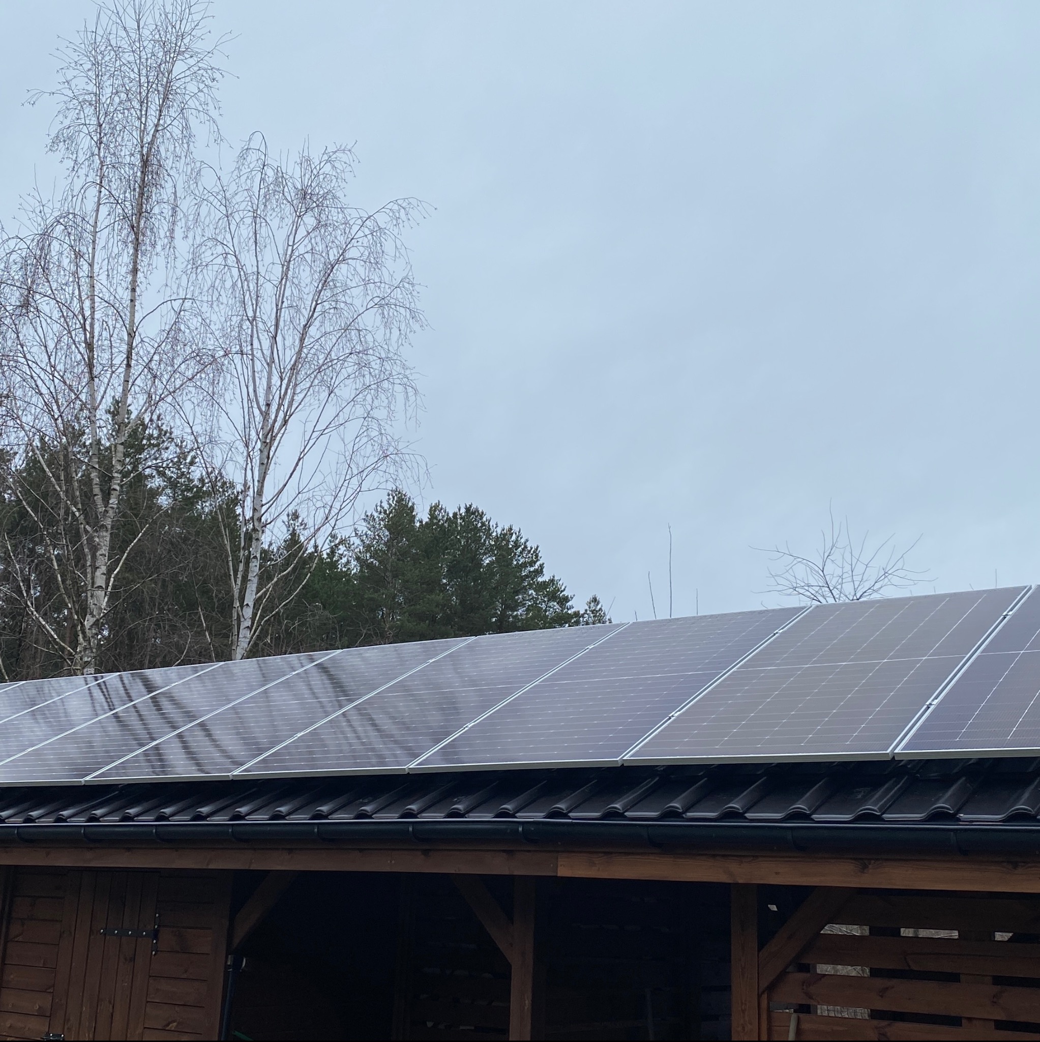 Panele słoneczne na dachu drewnianej konstrukcji w pochmurny dzień, w tle drzewa bez liści.