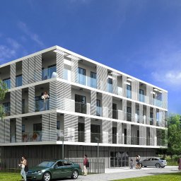 BRJ-Studio Robert Bednarczyk - Wizualizacja nowoczesnego, czteropiętrowego apartamentowca z białymi, poziomymi żaluzjami na balkonach, szklanymi balustradami, zielonym samochodem na pierwszym planie i spacerującymi ludźmi.