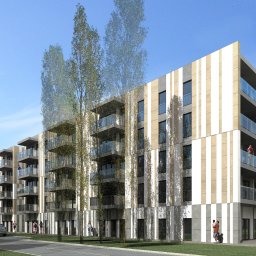 BRJ-Studio Robert Bednarczyk - Wizualizacja nowoczesnego budynku mieszkalnego z balkonami, z pionowymi panelami elewacyjnymi w odcieniach beżu i szarości, otoczonego zielenią i drzewami, z widocznymi przechodniami. Na balkonach...