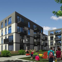 BRJ-Studio Robert Bednarczyk - Wizualizacja osiedla mieszkaniowego z placem zabaw, prezentująca nowoczesną architekturę budynków w odcieniach szarości i bieli, z balkonami i dużymi oknami, otoczonego zielenią i zadowolonymi...