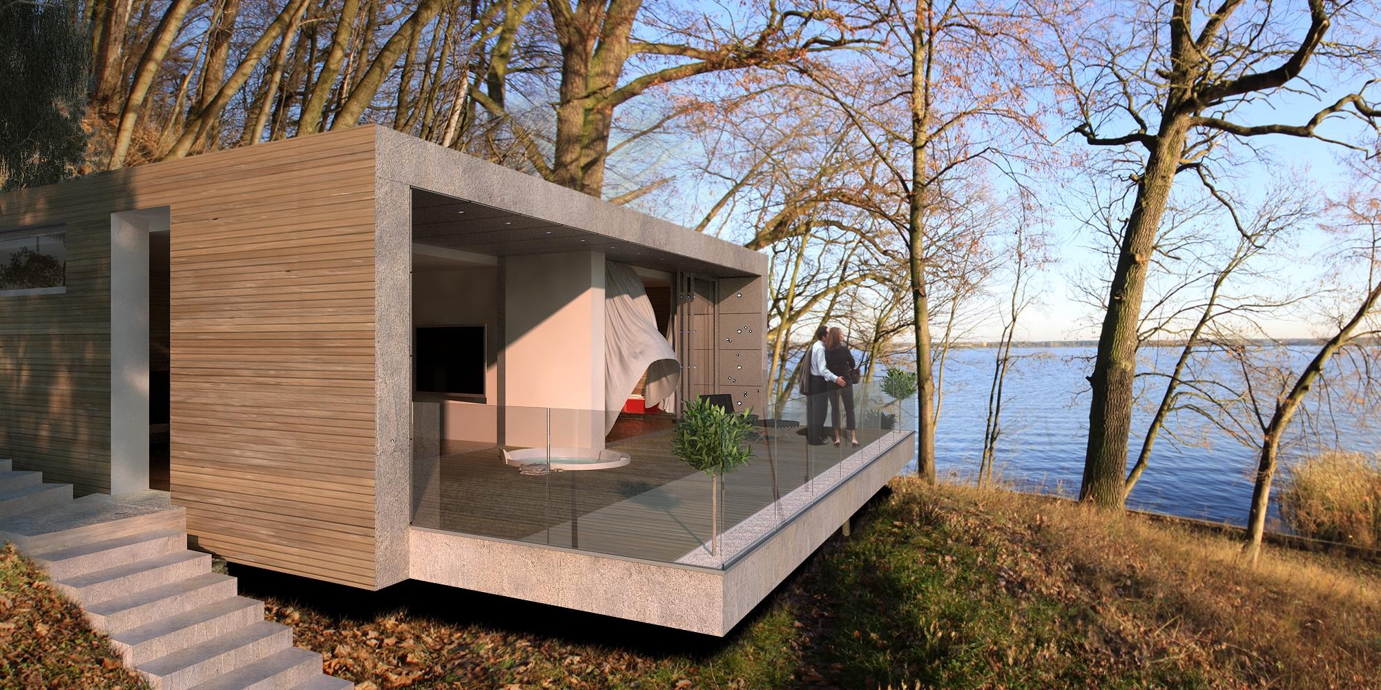 Nowoczesny, drewniano-betonowy dom z panoramicznym widokiem na jezioro, para na tarasie z przeszkloną balustradą, drzewa w tle, minimalistyczne wnętrze widoczne przez otwarte drzwi.
