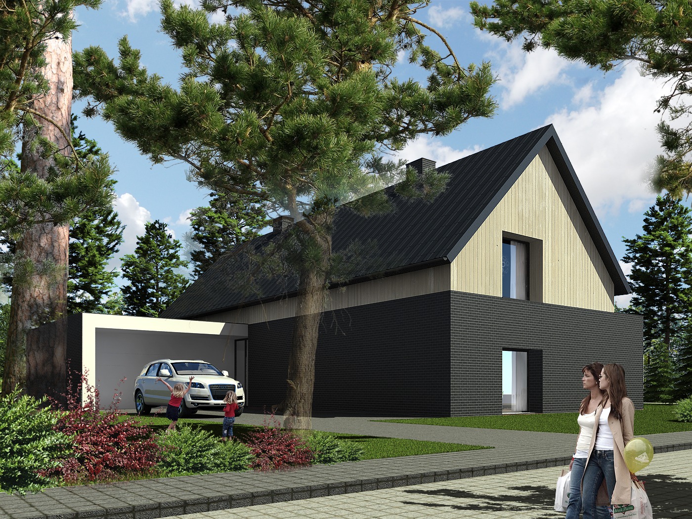 Wizualizacja nowoczesnego domu jednorodzinnego z czarną dachówką i elewacją z ciemnej cegły, z garażem w bryle budynku, otoczonego zielenią i drzewami iglastymi, z dwiema dziewczynkami bawiącymi...