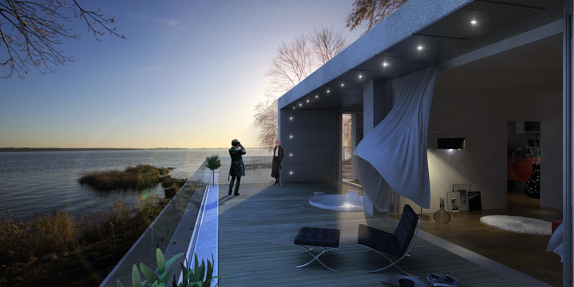 Wizualizacja domu z płaskim dachem i tarasem z widokiem na jezioro, osoba robiąca zdjęcie i kobieta w eleganckim stroju na tarasie, minimalistyczne meble ogrodowe, jacuzzi na zewnątrz, wnętrze domu...