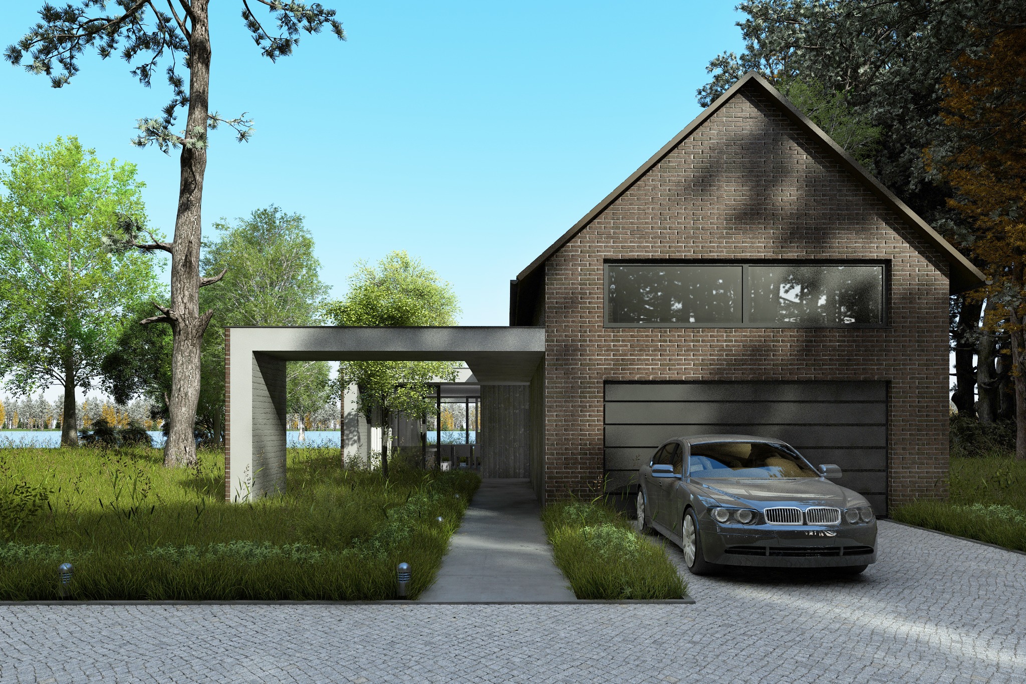 Wizualizacja nowoczesnego domu z ciemnej cegły z garażem, podjazdem z kostki brukowej i eleganckim samochodem, zieleń trawy i drzew w tle, minimalistyczny design.