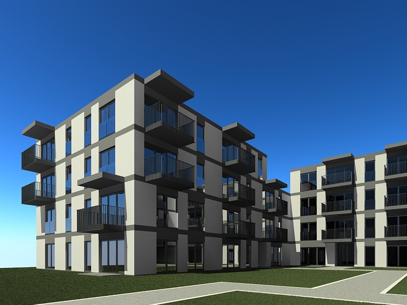 Wizualizacja 3D nowoczesnego budynku mieszkalnego z balkonami, widok z dziedzińca, błękitne niebo w tle.