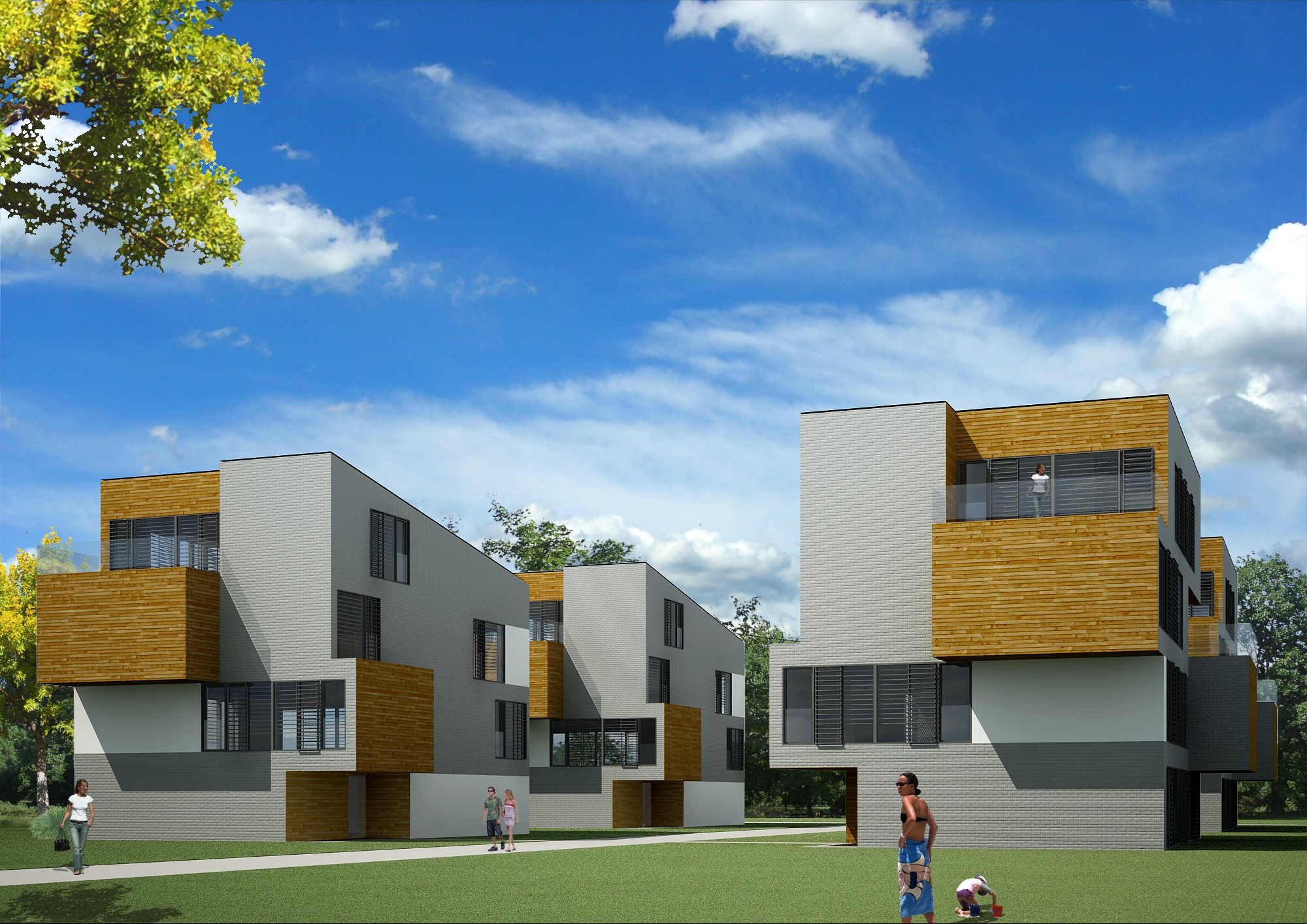 Wizualizacja osiedla domów jednorodzinnych z elementami drewnianymi, na pierwszym planie osoby na trawniku, błękitne niebo z chmurami w tle.