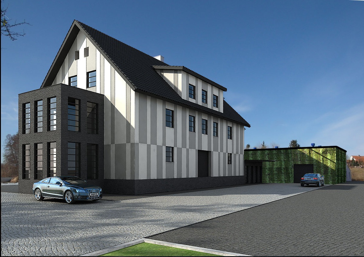 Wizualizacja nowoczesnego domu z elementami loftowymi: dwukondygnacyjna bryła z grafitową kostką i pasami szarości, ciemna dachówka, szary samochód Audi na brukowanym podjeździe, w tle budynek...