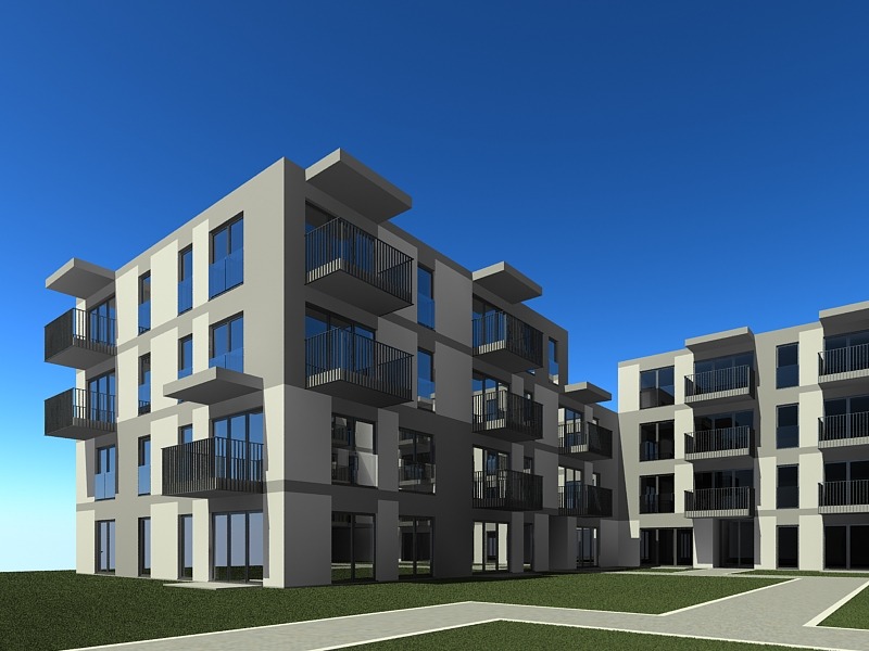 Wizualizacja zewnętrzna nowoczesnego, trzypiętrowego budynku mieszkalnego z balkonami, utrzymanego w szaro-białej kolorystyce, na tle intensywnie błękitnego nieba.
