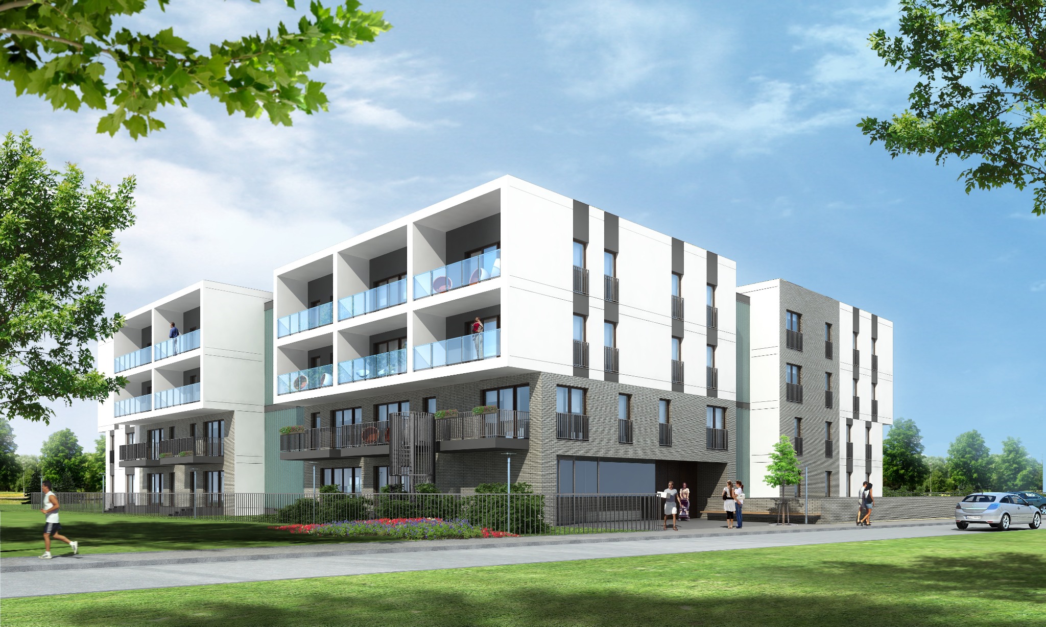 Wizualizacja dwóch nowoczesnych, trzypiętrowych budynków apartamentowych z balkonami z niebieskimi balustradami, otoczonych zielenią i chodnikiem, z sylwetkami ludzi i samochodów w tle...