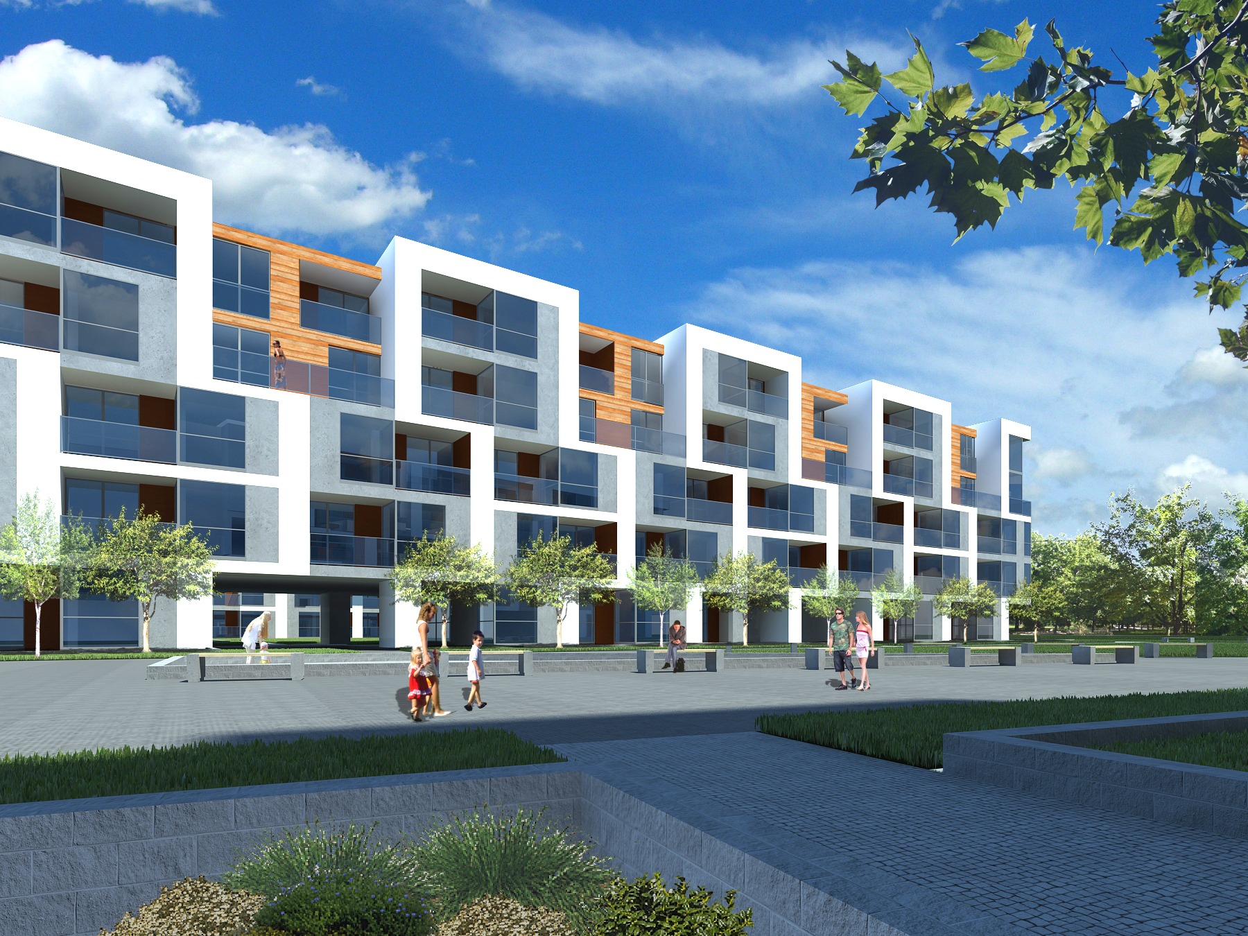 Wizualizacja nowoczesnego, wielopiętrowego budynku mieszkalnego z balkonami, z elementami drewnianej elewacji, otoczonego zielenią i spacerującymi ludźmi w słoneczny dzień.