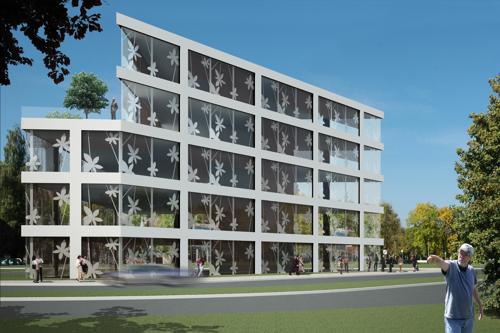 Wizualizacja nowoczesnego, czterokondygnacyjnego biurowca z białymi ramami okiennymi i dużymi przeszkleniami ozdobionymi motywem roślinnym, z zielonym dachem i postaciami na nim, z ludźmi...