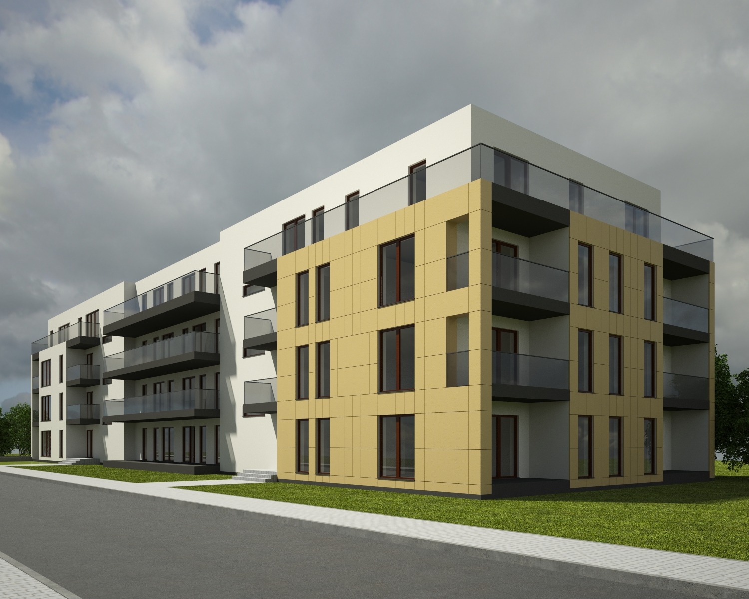 Wizualizacja zewnętrzna nowoczesnego, wielopiętrowego budynku mieszkalnego z balkonami o szklanych balustradach, elewacja w kolorze białym i beżowym z regularnym układem okien, na tle pochmurnego...