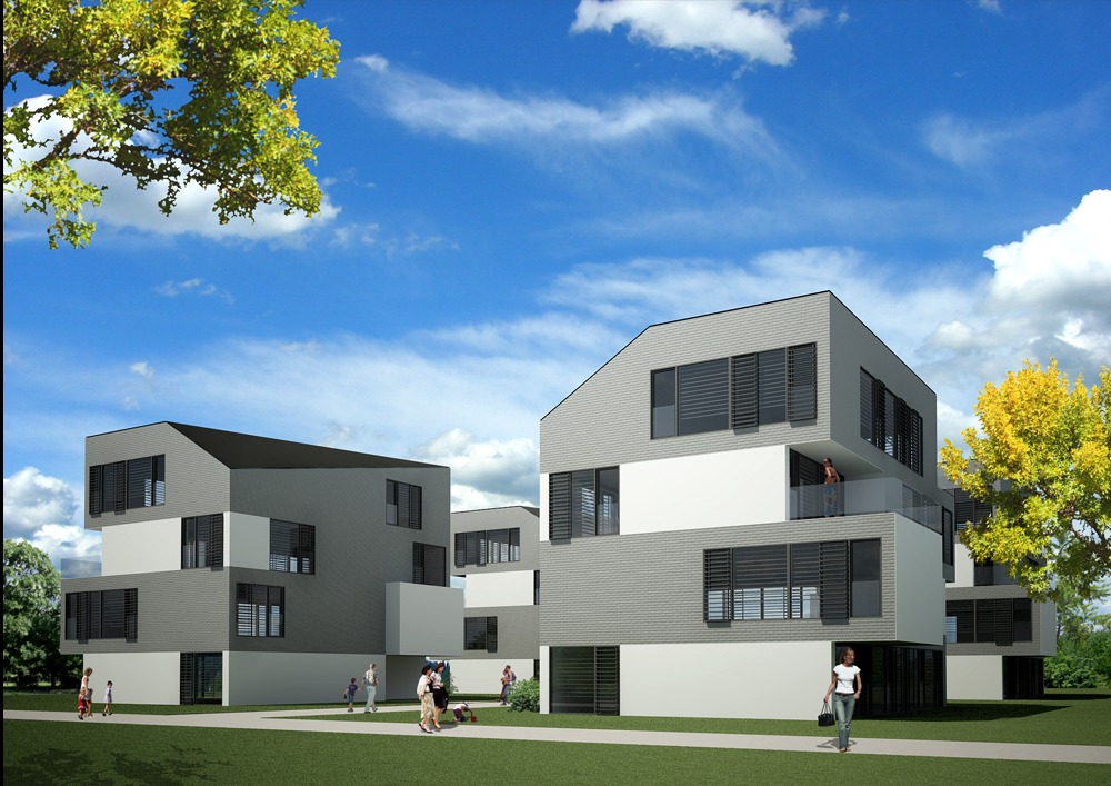 Wizualizacja osiedla nowoczesnych domów wielorodzinnych z płaskimi dachami, szarą elewacją i dużymi oknami, z zielonym trawnikiem i spacerującymi ludźmi w słoneczny dzień.