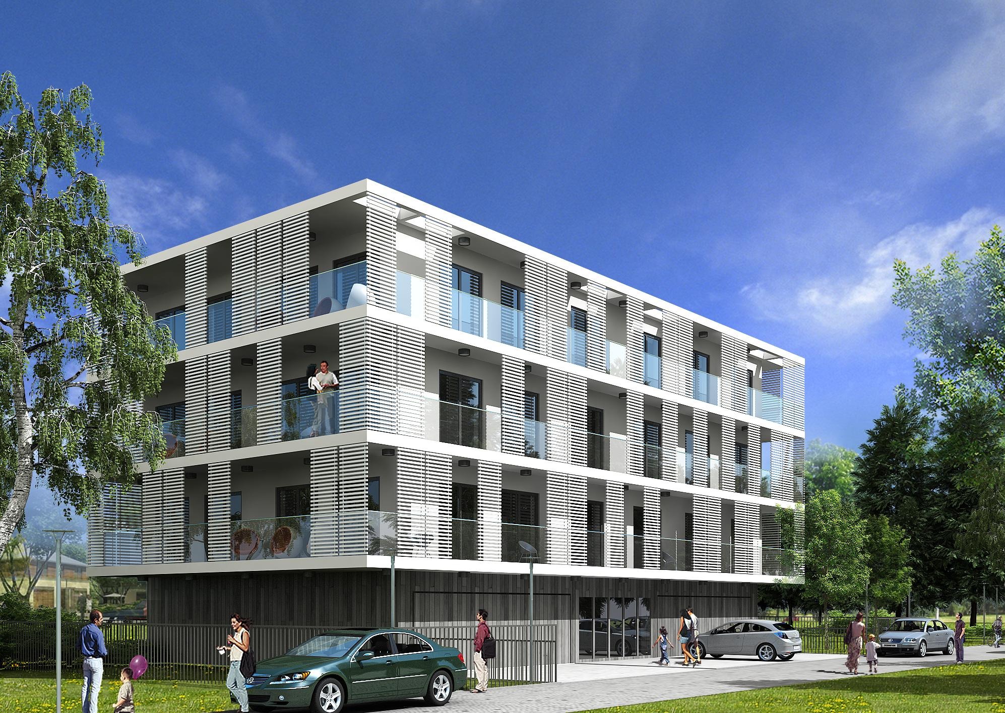 Wizualizacja nowoczesnego, czteropiętrowego apartamentowca z białymi, poziomymi żaluzjami na balkonach, szklanymi balustradami, zielonym samochodem na pierwszym planie i spacerującymi ludźmi.