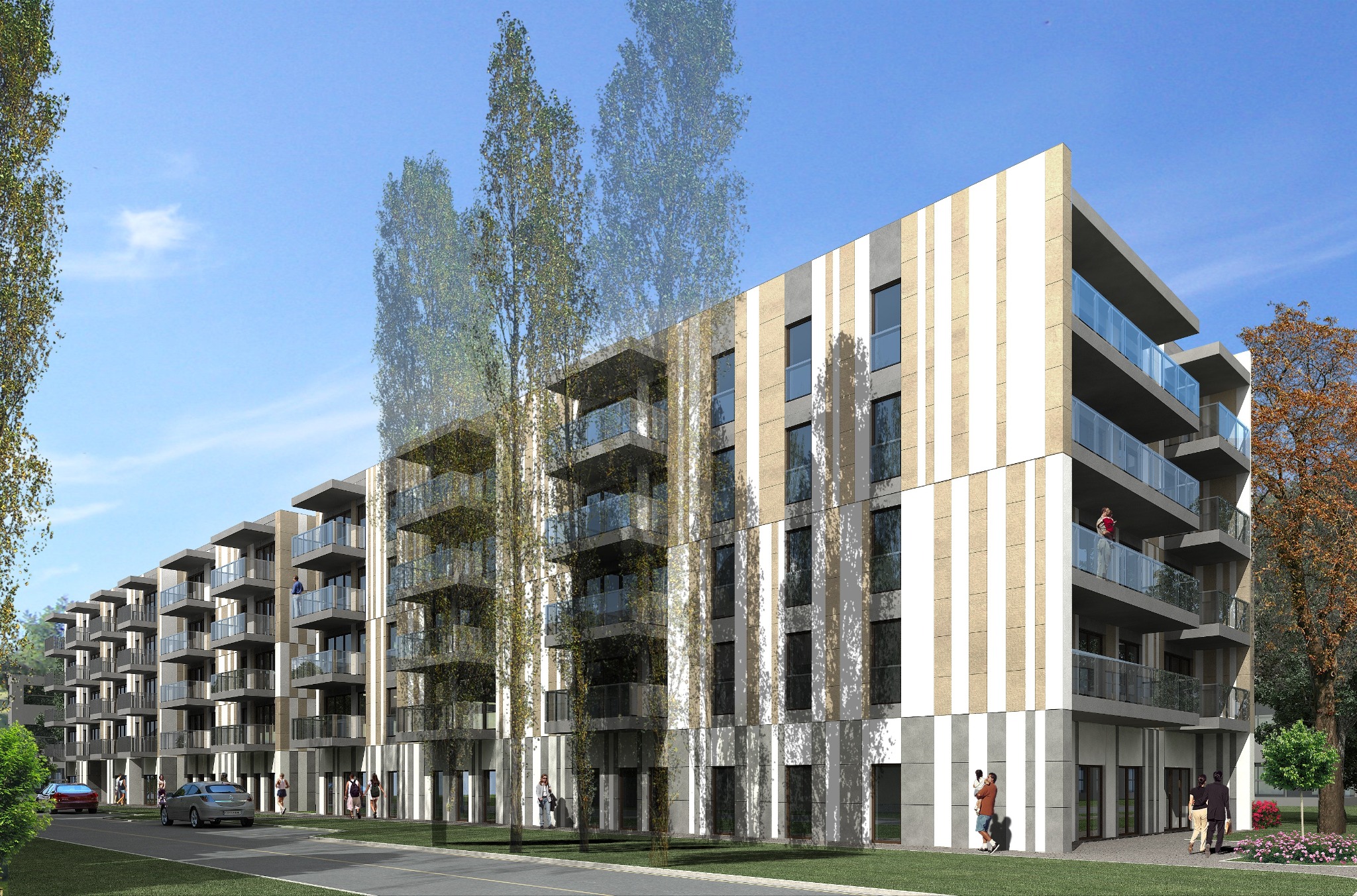 Wizualizacja nowoczesnego budynku mieszkalnego z balkonami, z pionowymi panelami elewacyjnymi w odcieniach beżu i szarości, otoczonego zielenią i drzewami, z widocznymi przechodniami. Na balkonach...