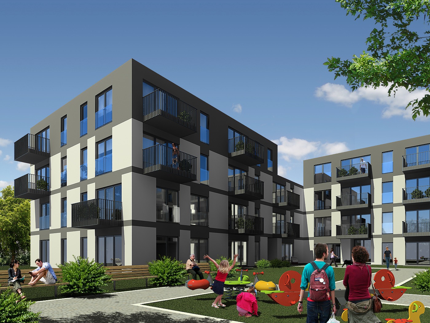 Wizualizacja osiedla mieszkaniowego z placem zabaw, prezentująca nowoczesną architekturę budynków w odcieniach szarości i bieli, z balkonami i dużymi oknami, otoczonego zielenią i zadowolonymi...