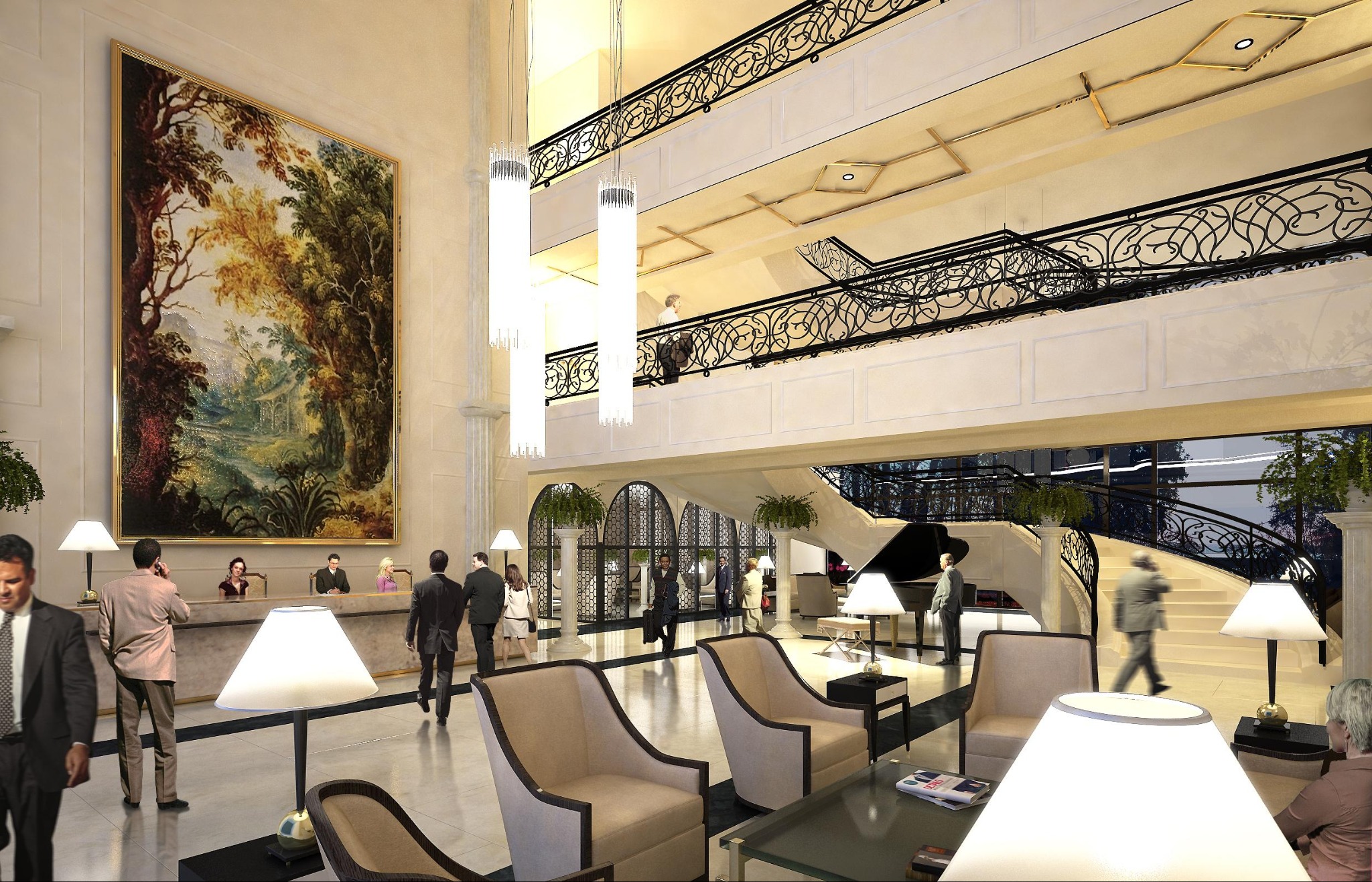 Wnętrze przestronnego holu hotelowego w Mińsku Mazowieckim z recepcją, obrazem z motywem pejzażu, ozdobnymi lampami i schodami z kutą balustradą.