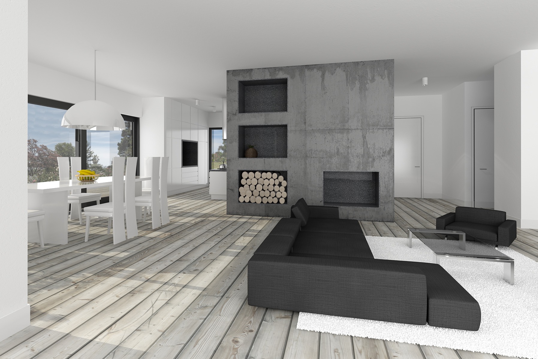 Nowoczesny salon z szarą, betonową ścianą z wnękami na drewno i dekoracje, minimalistyczna sofa narożna, biały dywan, drewniana podłoga i jadalnia w tle.