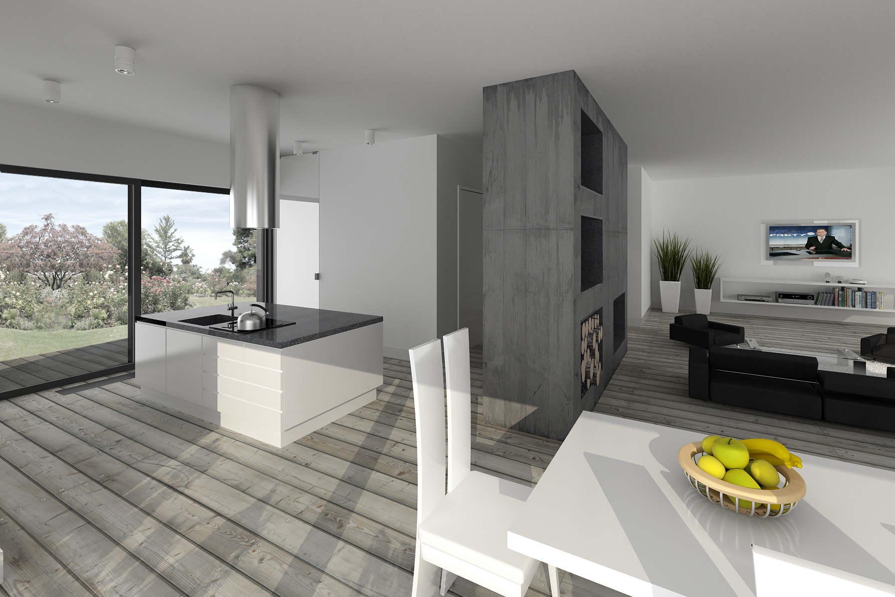 Jasne, przestronne wnętrze domu z otwartą kuchnią, jadalnią i salonem. Nowoczesna wyspa kuchenna z czarnym blatem i srebrnym okapem. Ściana z betonu architektonicznego z otworami na drewno oddziela...