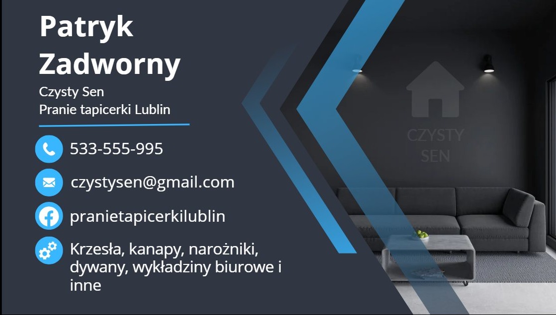 Wizytówka firmy 'Czysty Sen' z Lublina, oferującej pranie tapicerki, z danymi kontaktowymi i listą usług (krzesła, kanapy, narożniki, dywany, wykładziny biurowe), na tle aranżacji wnętrza z szarą...